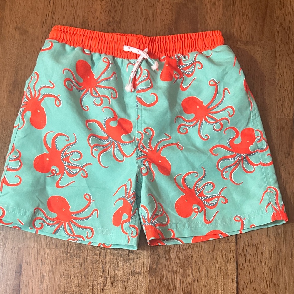 Mini Boden Kids Octopus Print Swim Trunks - Mint & Coral. Size 5/6. NWT